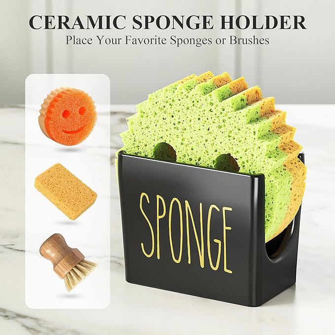 Cisily Kitchen Soap Dispenser Set Comes with Ceramics Sponge Holder, Gold Pumps, and Instant Dry Tray, Hand and Dish Soap Dispenser Set Suitable for Kitchen Decor and Accessories(Black & Gold)