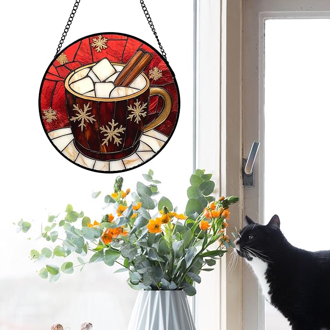Stained Glass Window Hanging 4 Pcs Set Red Christmas Themed Decorations Large 15" - Suncatcher Door Garden Sun Catcher Decor Birthday New Year for Mom Woman Nana Men