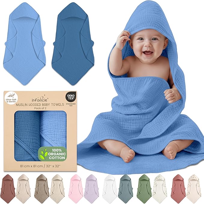 100% Organic Cotton Muslin Baby Hooded Towels 32x32 Inch – 2 Pack Soft & Absorbent Baby Towels with Hood for Boys & Girls, Premium Hooded Towels, Gentle Baby Essentials in Deep Blue/Aquarius