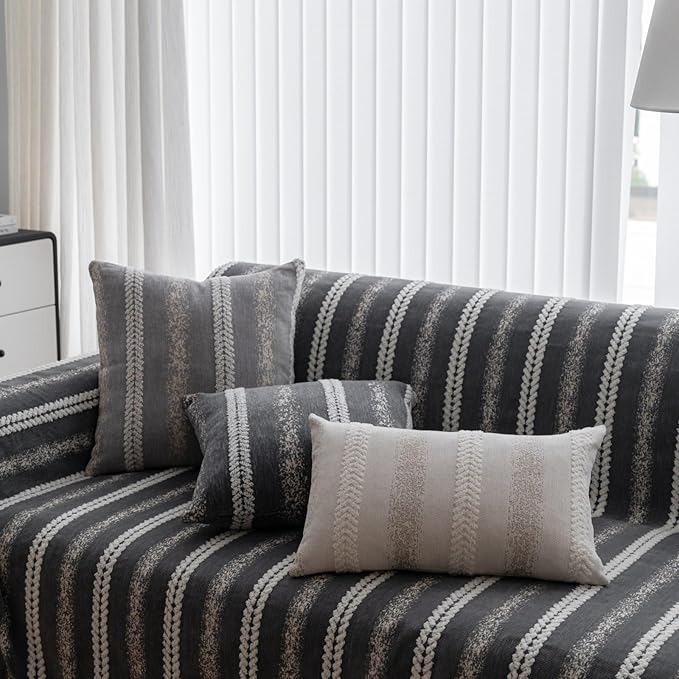 Pack of 1 Decorative Throw Pillow Covers 12x20 Inch, Pillow Cases for Living Room Couch Bedroom Farmhouse Home Decor, Soft Stripe Chenille Cushion Covers for Sofa Grey,20''x20''