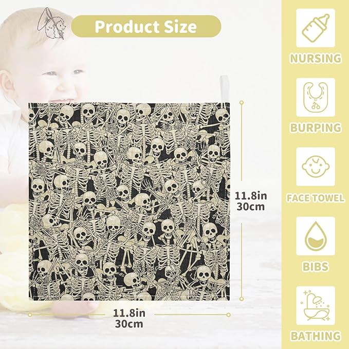 Fun Skull Baby Washcloths Newborn Muslin Burp Cloths 3 Pack Soft Cotton Baby Face Bath Towel Drool Bibs for Infants, Girls and Boys 11.8 x 11.8 Inch