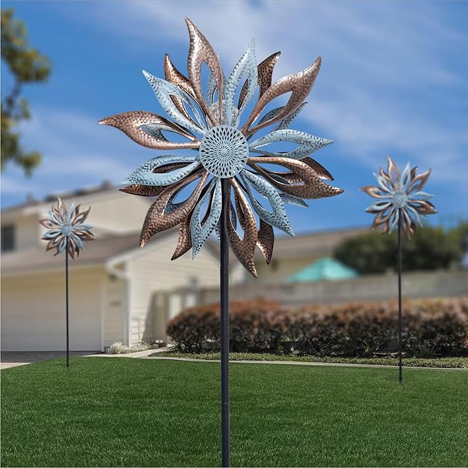 Outdoor Wind Spinner with Garden Stake 62.99" Metal Two-Way Wind Sculptures Solar Color Changing Lights Large Windmills for Garden,Patio,Yard,Lawn Decor Gifts Blade