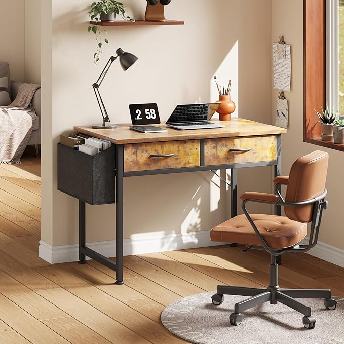 Small Desk with Fabric Drawers- for Bedroom, Vanity Desk with Storage, Home Office Computer Desk for Small Spaces, 32 Inch Modern Work Writing Study Table, Vintage