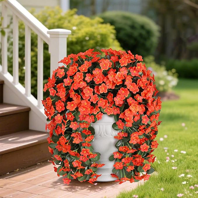 Artificial Fake Fall Hanging Flowers Plants for Outdoor Outside, 2PCS Faux Silk Orange Daisy Mums Trailing Vines UV Resistant Realistic Orchid for Autumn Front Door Porch Planter Patio Garden