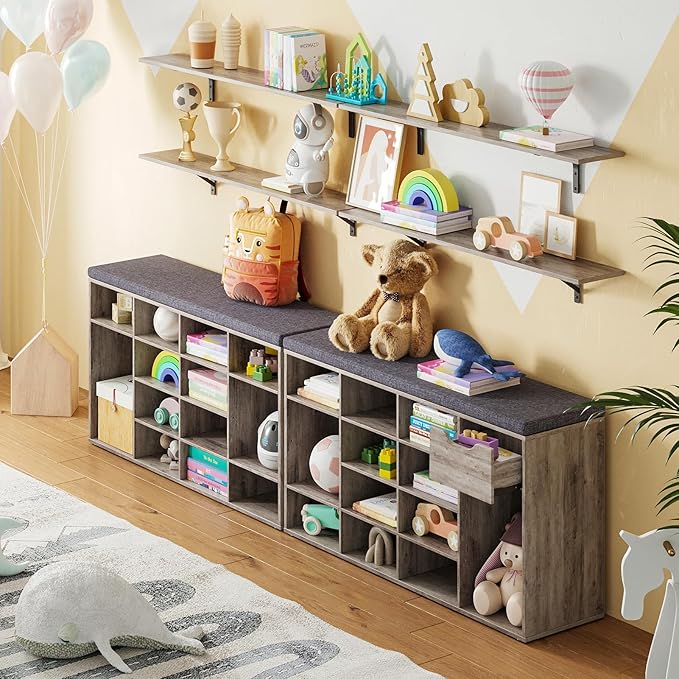 DINZI LVJ Shoe Bench, Entryway Storage Bench with Drawer and 15 Cubbies, Cubby Shoe Rack with Adjustable Shelves, Shoe Organizer Cabinet for Living Room, Bedroom, Mudroom, Closet and Garage, Greige