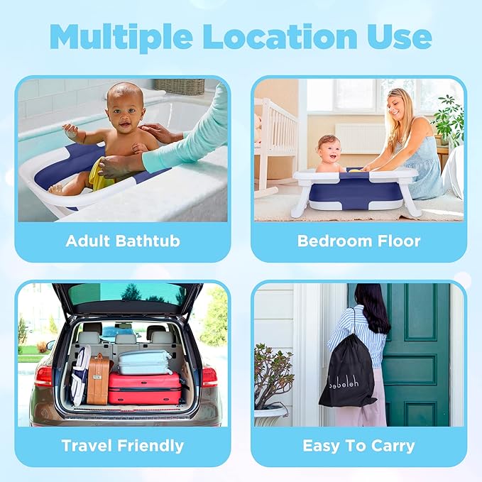 BEBELEH™ Collapsible Baby Bathtub – Bathtub + Baby tub Sling + Newborn Sling – Baby Bathtub Newborn to Toddler 0-24 Months – The Ultimate Travel Baby Bath Tub and Everyday Use! (Blue)