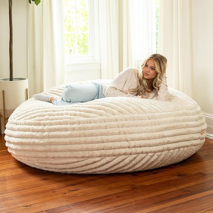 Jaxx 6 Foot Cocoon - 2-in-1 Convertible Bean Bag Bed & Large Bean Bag Chair for Adults, Premium Luxe Faux Fur - Mondo Ivory