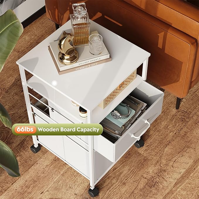 DEVAISE 2 Drawer Fabric Vertical Filing Cabinet, Rolling Printer Stand, White