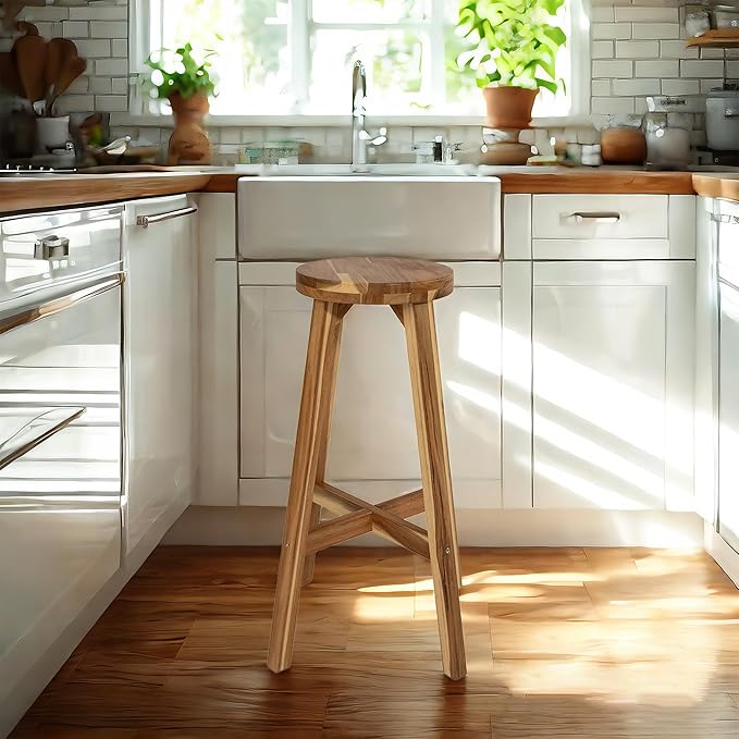 Round Stool Acacia Wood, 28" Height, 11" Round Top, Backless, Easy Assembly, Natural Wax Finish, Wooden Stool for Plant, Dining Room, Living Room, Garden, Makeup