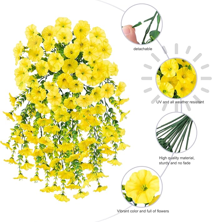 Ivydale 2 PCS Artificial Hanging Flowers Fake Plants Outdoor,Silk Morning Glory Faux Flowers with Eucalyptus Leaves,UV Resistant Realistic Hanging Petunias Plants for Home Garden Decor (Yellow)