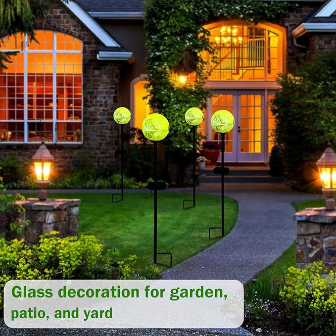 Solar Lights Outdoor Decorative Solar Outdoor Decorative Glass Ball Stakes Waterproof Garden Stake Glass LED Garden Globe Lights for Pathway Yard Lawn Decoration Yellow