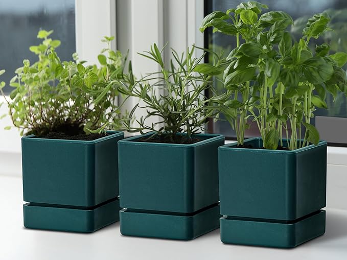 4 Inch Herb Planter Pot, Plastic Planter with Drainage Holes and Saucer, Modern Decorative Gardening Pot for Indoor Plants, Flowers, Herbs, Succulents, Green, Set of 3, 76-Y-C-3