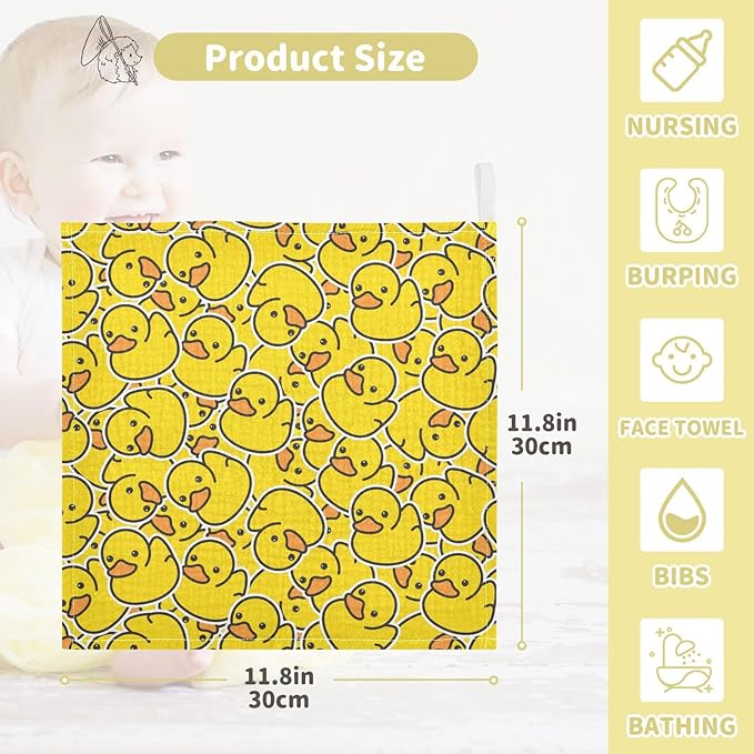 Duck Baby Washcloths Newborn Muslin Burp Cloths 3 Pack Soft Cotton Baby Face Bath Towel Drool Bibs for Infants, Girls and Boys 11.8 x 11.8 Inch