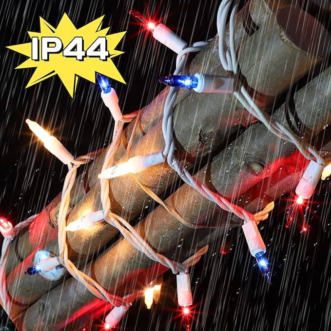 LAMPHOME Red White Blue String Lights, 63.8Ft 300 White Wire Fairy Lights, 4th of July Patriotic Lights, Memorial Day Outdoor Fairy Lights for Independence Day Patriotic Decor