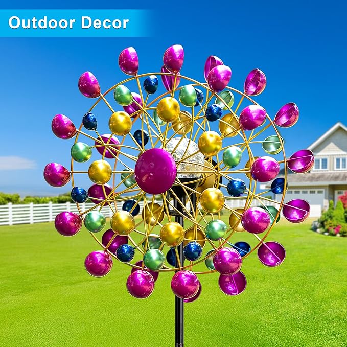Large Wind Spinners Outdoor Solar Garden Decor Light - Unique Ferris Wheel Shaped Colorful Windmill, Durable Waterproof Design for Garden, Lawn, Patio