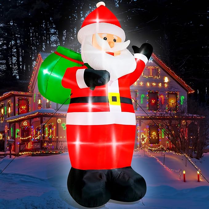15FT Christmas Inflatables, Giant Inflatable Santa Claus Holding Gift Bags, Blow Up Christmas Santa Claus with 8pcs LED, Inflatable Santa Claus Outdoor Decorations for Party Holiday Lawn Yard