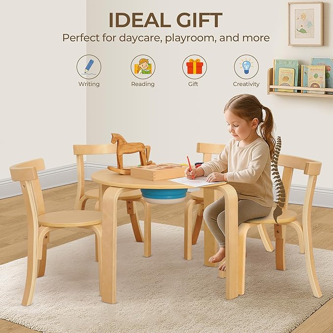 Kid Round Table and 4 Chairs Set with Storage Tub, Wooden Toddler Table Chair for Arts, Crafts, Eating, Learning, Kid Play and Activity Table for Home, Daycare or Playroom