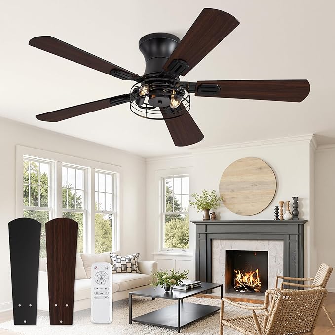 1 Pack Flush Mount 42 Inch Farmhouse Ceiling Fan with Light, Caged Ceiling Fans for Bedroom Living Room, Double-Sided 5 Blades Rustic Ceiling Fan-Black