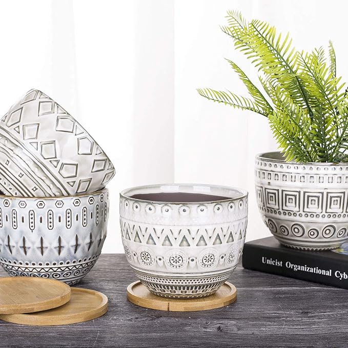 VanEnjoy 5.6 inch Large Round Bohemian Style Ceramic Planter, Geometry Engrave Off White Brown Succulent Planter Flower Pot, Indoor Outdoor Decorative Planter