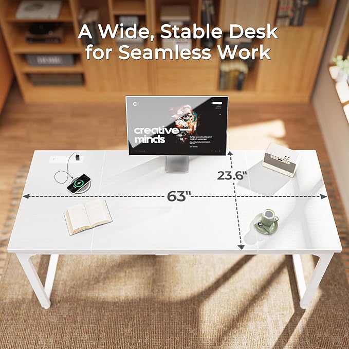 Huuger 63 x 24 inch Desk with Power Outlets & USB-C, Deeper & Thicker Desktop, Robust Metal Tubes, Computer Desk, Heavy Duty Office Desk, Work Gaming Desk, for Home Office, White