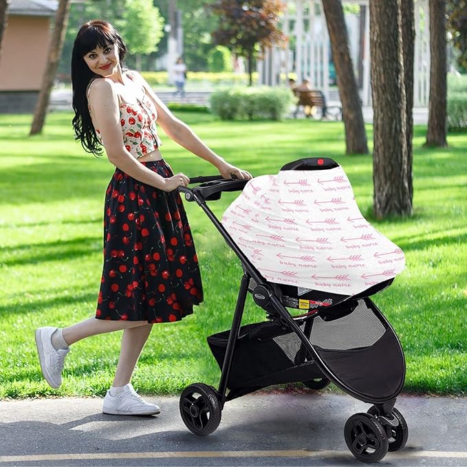 Personalized Baby Car Seat Cover for Babies, Custom Name Baby Car Seats Canopy for Girls, Nursing Breastfeeding Stroller Covers for Infant Newborn, Shower Gift (Arrow Pink)
