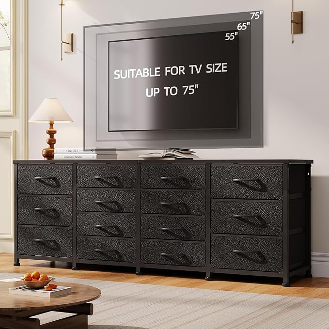 63 Inch TV Stand Dresser for Bedroom, Long Black Dresser with 14 Fabric Drawers for 65 70 75 Inch TV, Entertainment Center with Storage Media TV Console Table