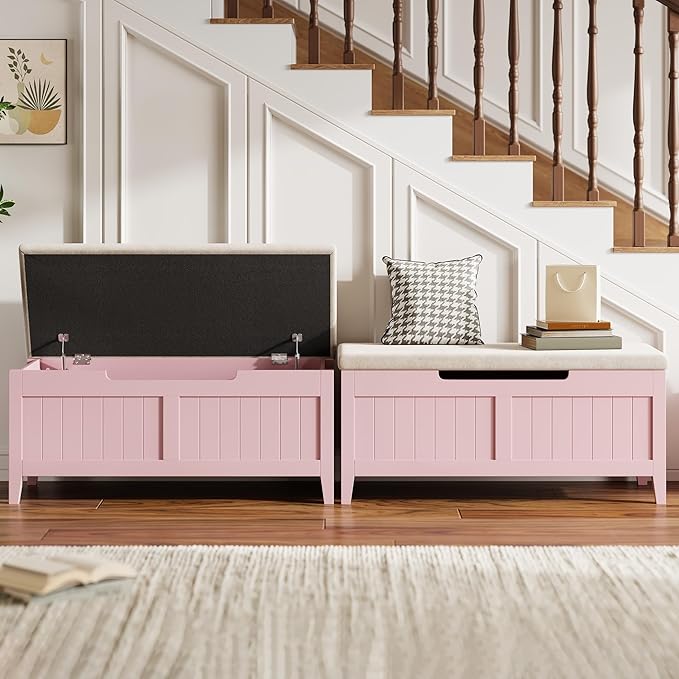 GAOMON Storage Bench with Cushion, 39.4” Wooden Chest Storage Box with 2 Safety Hinges, Entryway Benches with Flip-Top, Large Trunk for Living Room, Bedroom, Easy Assembly