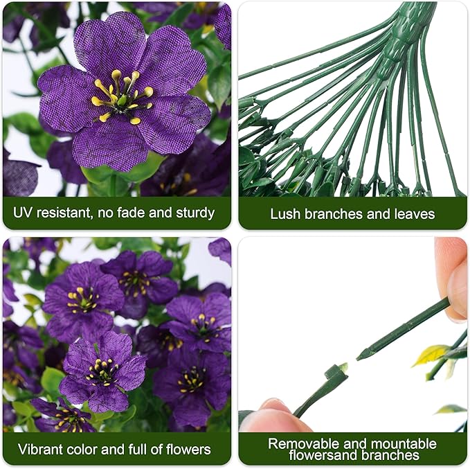 Artificial Faux Hanging Flowers Plants for Spring Outdoor Outside Decoration, 2 PCS Fake Silk Daisy with Eucalyptus UV Resistant Realistic Trailing Vines for Balcony Patio Porch (Dark Purple)