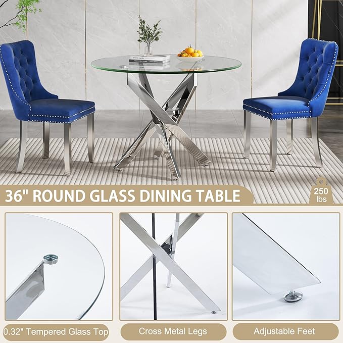 36" Round Dining Table for 4, Modern Clear Glass Kitchen Table for 4 with Silver X Metal Legs, Contemporary Small Circle Dining Room Leisure Tables for Kitchen Apartment