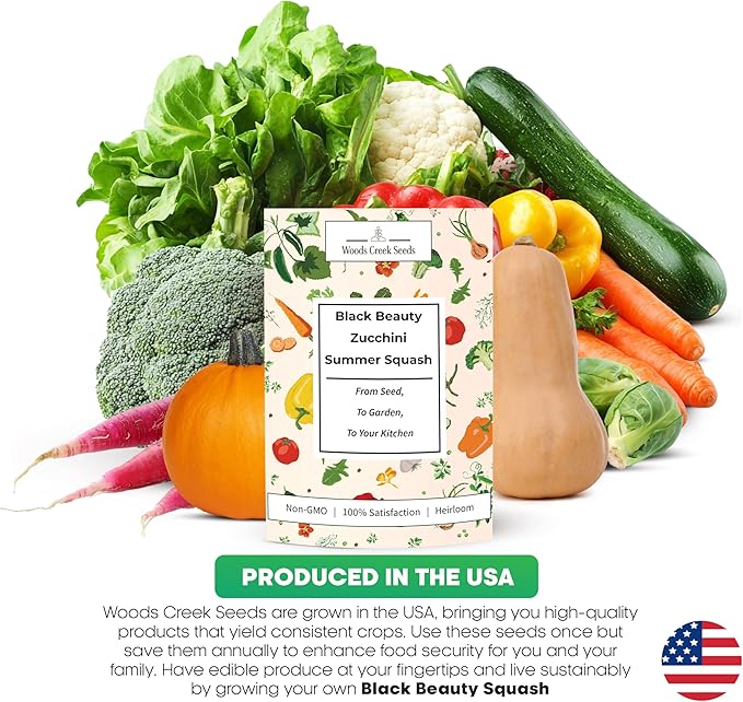 Woods Creek Seeds: Black Beauty Zucchini Summer Squash Seeds for Planting - Over 90 Heirloom Non-GMO Summer Squash Seeds for Planting Outdoors or Indoors - Beginner Friendly & High Yield Seed