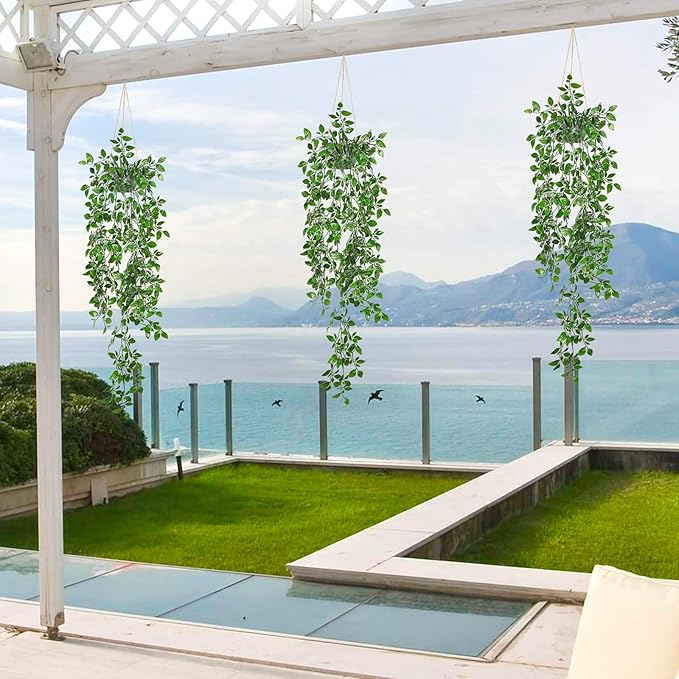 Dremisland Fake Hanging Plants with Pots 2Pack Faux Hanging Basket Plant Macrame Plant Hanger with Fake Vines Faux Hanging Planter for Wall Ceiling Home Bedroom Indoor Decor (Mandala-2PCS)