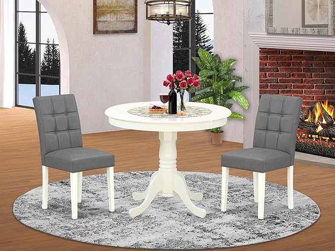 East West Furniture ANAS3-LWH-41 3 Piece Kitchen Table Set consists A Wooden Table and 2 Platinum Gray Polyester Fabric Person Chairs with Stylish Back- Linen White Finish