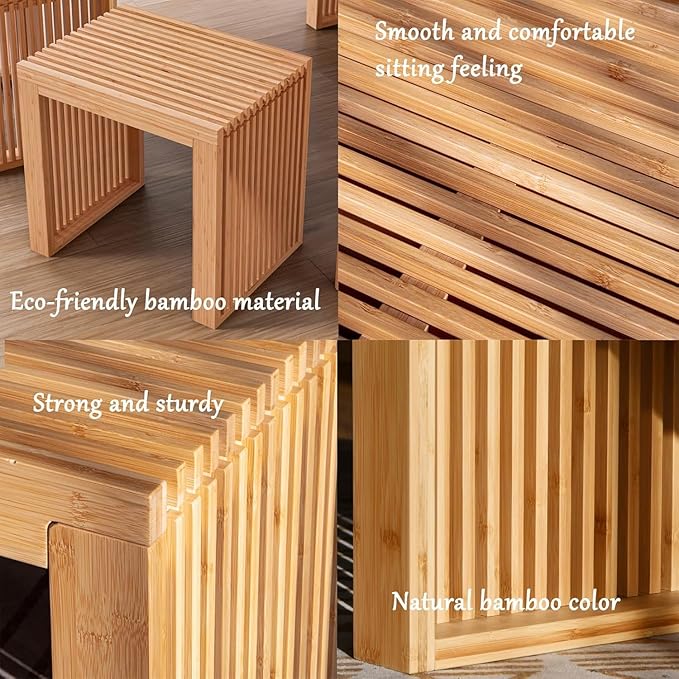 Small Bamboo Dining Bench, 17inch Farmhouse Decor Indoor Kitchen Table Bench, Entryway Shoe Rack Bench, Outdoor Bench, Solid Bamboo Benches for Living Room, Hallway, Bedroom, Bathroom