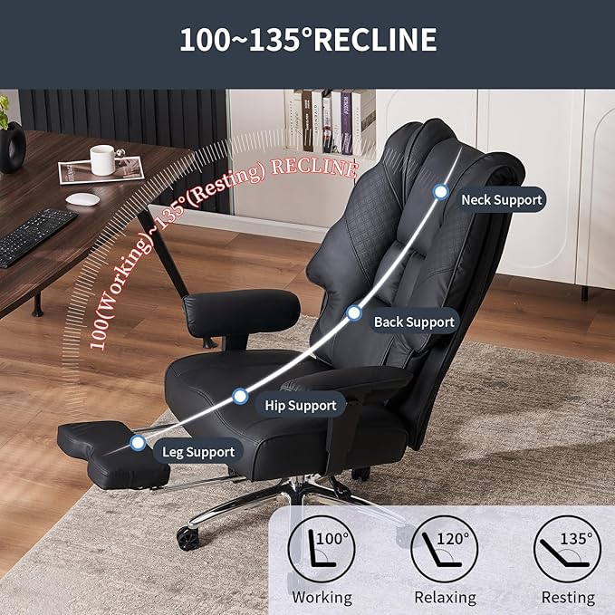 Big and Tall Office Chair 400lbs Wide Seat, Leather High Back Executive Office Chair with Foot Rest, Ergonomic Chairs Lumbar Support for Lower Back Pain Relief (Black)