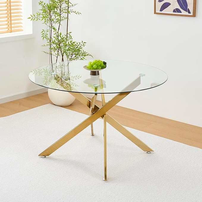 47.24" Round Glass Dining Table Modern Kitchen Glass Top Table for 6 with Gold Chrome Metal Legs, Clear Dining Table Kitchen Table for Home Office Dining Room