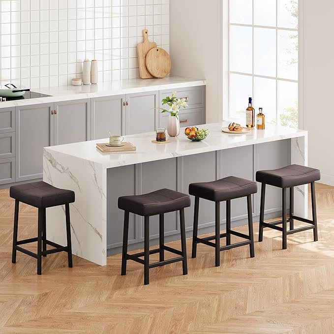 GarveeHome Counter Height Bar Stools Set of 4, 24 Inch Barstools for Kitchen Island Counter, Upholstered Padded Saddle Chairs with Curved Cushion, Easy Assembly, Brown
