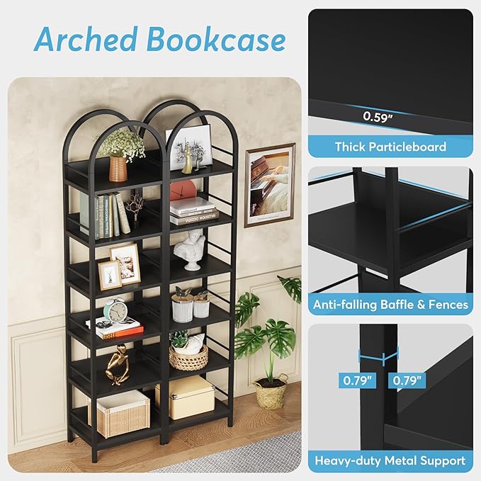 LITTLE TREE 6-Tier Open Bookshelf Set 2, Freestanding 78.7" Tall Arched Bookcase, Black Wooden Bookshelf with Metal Frame, Narrow Bookcase Display Shelves for Living Room, Bedroom, Office