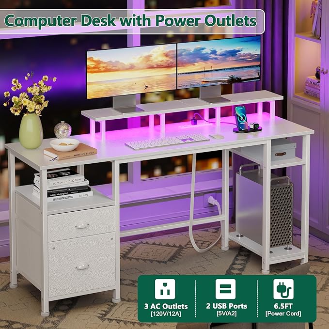 Furologee 61" Computer Desk with Power Outlet and LED Lights, Reversible Gaming Desk with File Cabinet & Monitor Stand for Home Office, Large Work Table with Storage Shelves & Drawer, White