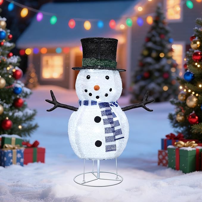 Dynaming 31.5 Inch Lighted Snowman Christmas Decorations, 45 LED Pre-Lit Light up Snowman with Top Hat, Collapsible Pop up Snowman for Outdoor Indoor Home Yard Garden Lawn Holiday Xmas Party