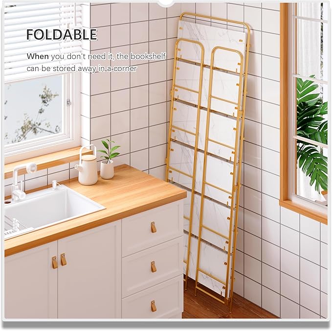 4NM No Assembly Folding Bookshelf 6 Tiers Vintage Industrial Gold Book Shelf Metal Foldable Storage Bookcase and Bookshelves for Living Room,Bedroom and Kitchen - White and Gold