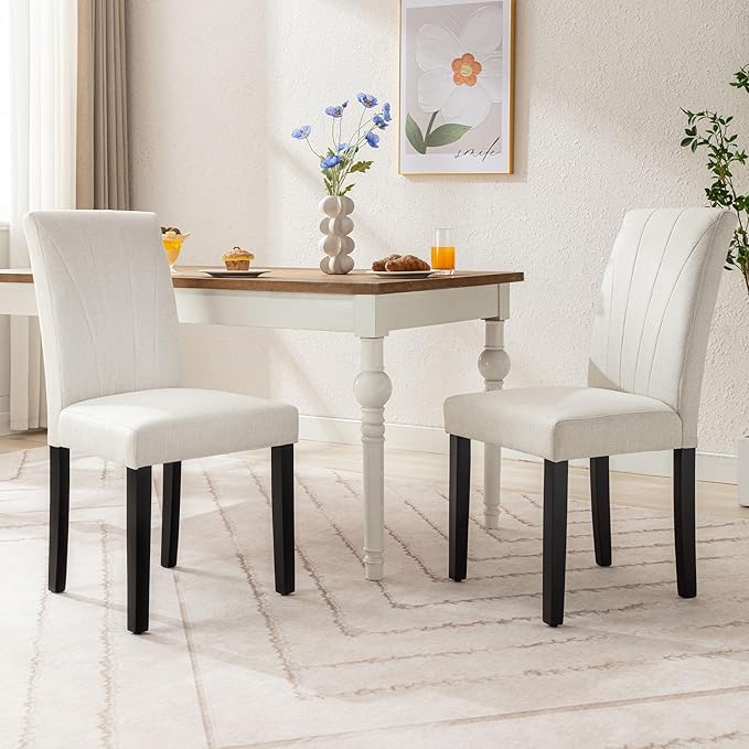 VECELO Upholstered Dining Chairs Set of 2, Modern Fabric and High Back & Solid Wood Legs, Parsons for Kitchen/Living Room- Beige