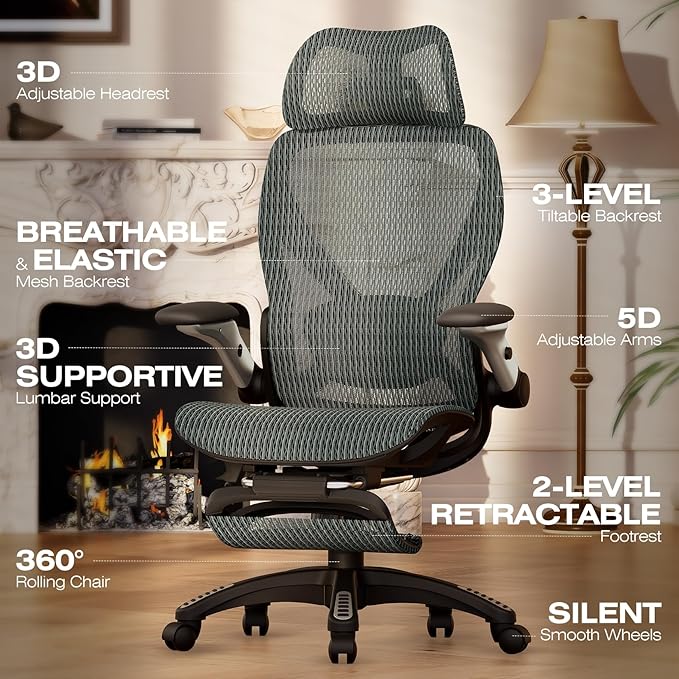 ELABEST X100 Ergonomic Office Chair with Footrest, Big and Tall Home Desk Chair with 5D Flip-Up Arms, Adjustable 3D Lumbar Support,High Back Rolling Computer Chair, Swivel Mesh Chairs (Forest Ranger)