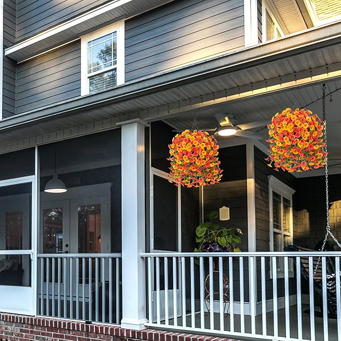 Ivydale 2 PCS Artificial Hanging Flowers Fake Plants Outdoor,Silk Morning Glory Faux Flowers with Eucalyptus Leaves,UV Resistant Realistic Hanging Plants for Home Garden Decor (Yellow+Orange)