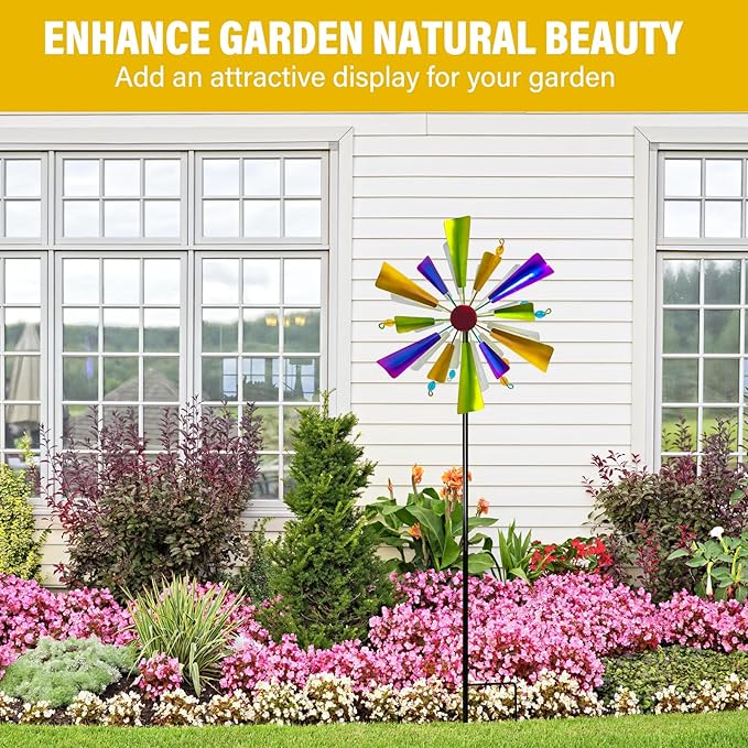 45" Rainbow Wind Spinners for Yard and Garden, Double Layered Metal Kinetic Wind Spinner Outdoor Decor, Wind Sculpture Yard Art Decorations for Patio, Lawn & Garden