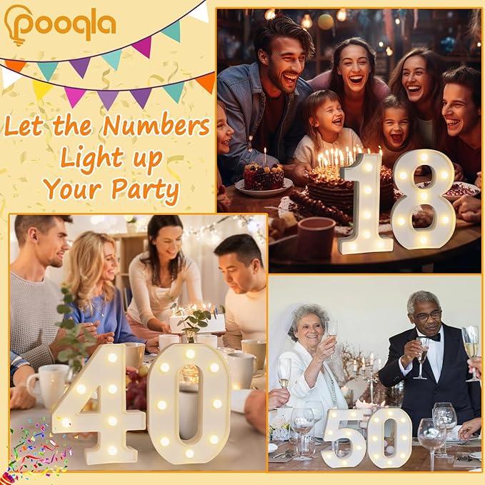 Pooqla Decorative LED Light Up Number Letters, White Plastic Marquee Lights Sign Party Wedding Decor, Battery Operated (4)