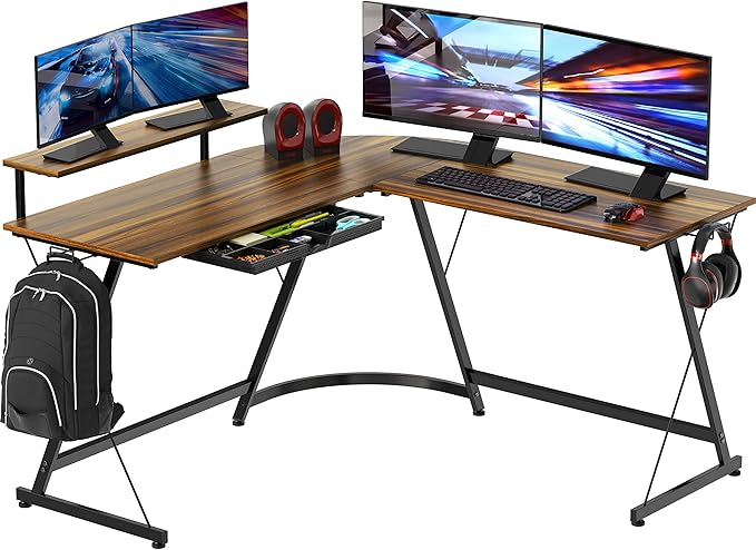 SHW 51 x 51 Inches Vista L-Shaped Desk with Monitor Stand and Drawer, Walnut