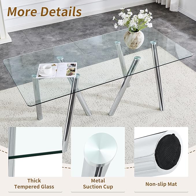 71" Rectangular Dining Table for 6-8, Modern Dining Table with Tempered Glass Tabletop & Metal Legs, Large Glass Dinner Table for Home Kitchen
