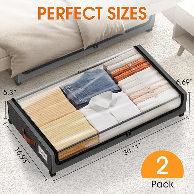Under Bed Storage with Wheels 2Pack Storage Containers with Clear Window&Label Under Bed Drawers Rolling Under Bed Storage for Clothes,Shoes, Blankets (30.71 x 16.93 x 6.69 in, Dark Grey)