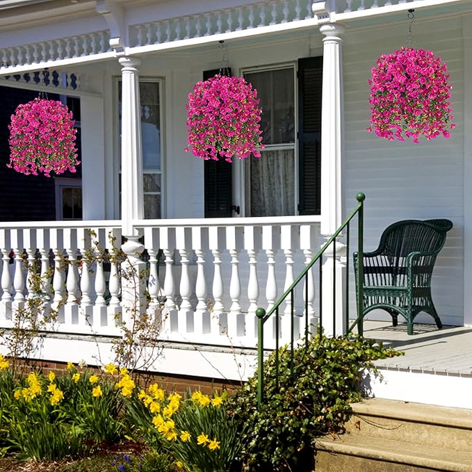 Artificial Faux Hanging Flowers Plant for Outdoor Decor,2 PCS Fake Silk Morning Glory with Eucalyptus UV Resistant Realistic Trailing Vine for Wall Home Porch Patio Balcony Yard Indoor Decor, Fuchsia