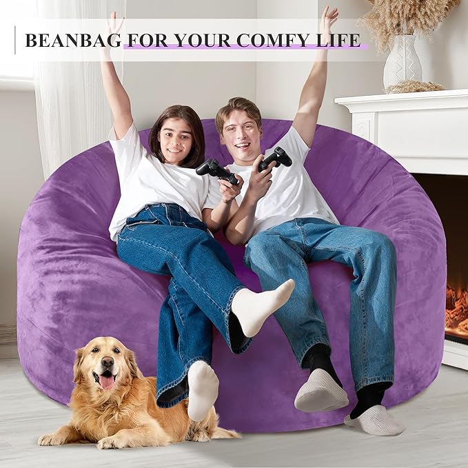 Homguava 5 FT Bean Bag Chair: 5' Bean Bags with Memory Foam Filled, Large Beanbag Chairs Soft Sofa with Dutch Velvet Cover-Purple